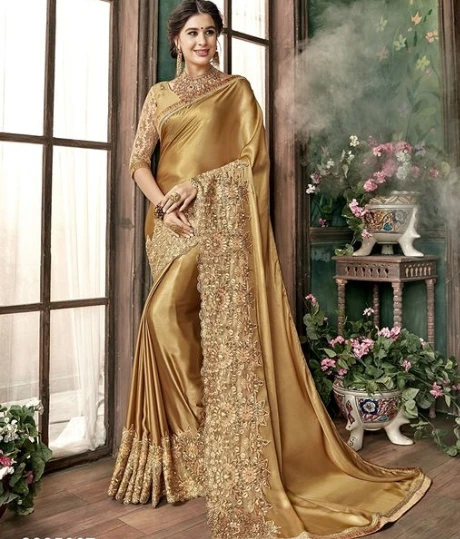 Golden Party Wear Saree – Women Golden Embroidered Saree with Heavy Border for Wedding